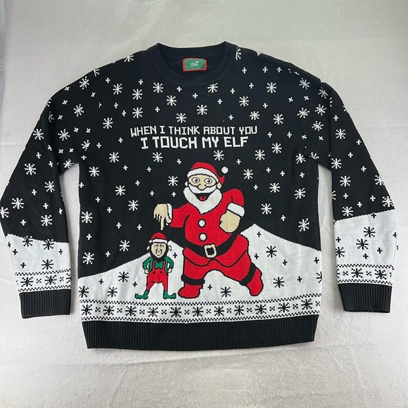 T Stars Long Sleeve Ugly Christmas Sweater Dirty Naughty Santa Elf Black Mens L - Picture 1 of 11